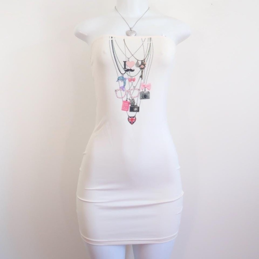 y2k graphic necklace tube dress white bodycon